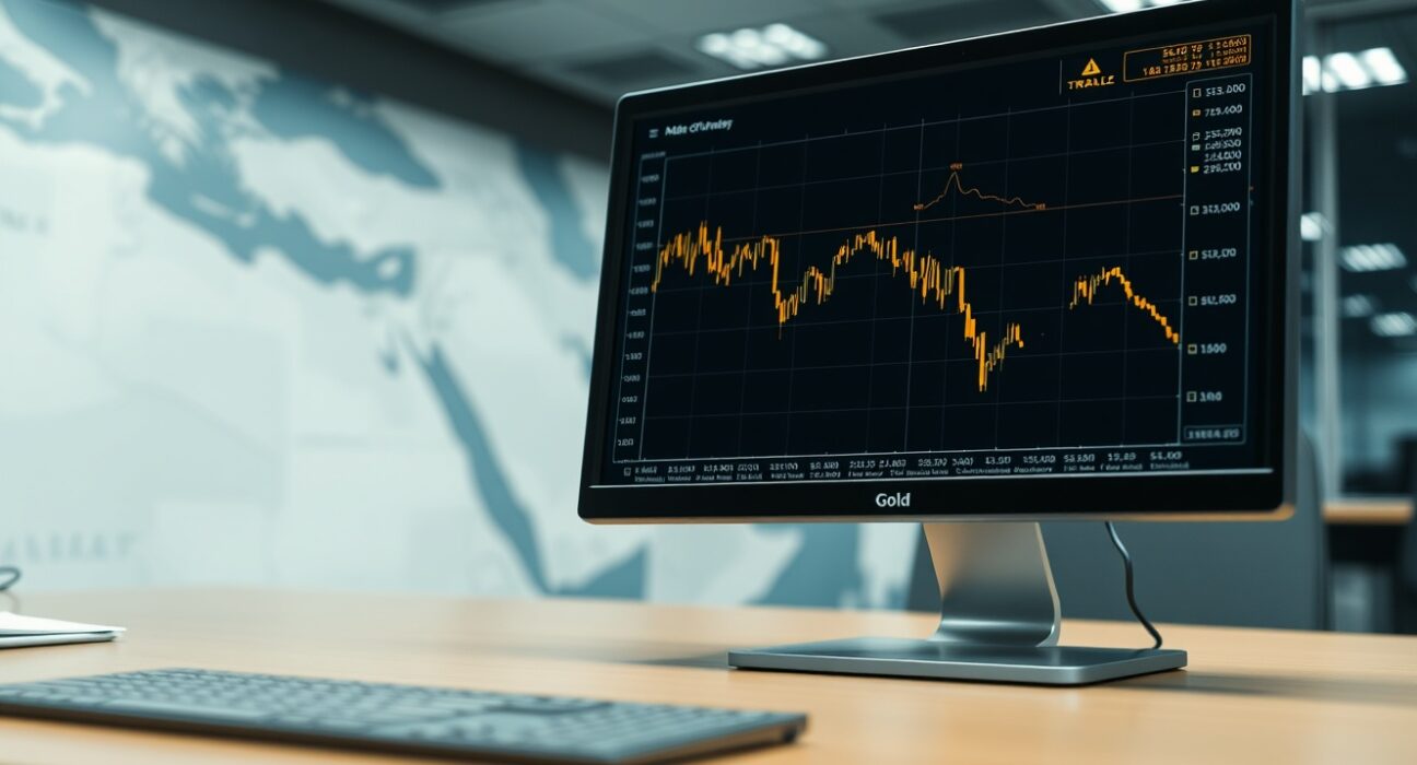 Gold price chart falling amid Strait of Hormuz geopolitical tensions affecting markets.