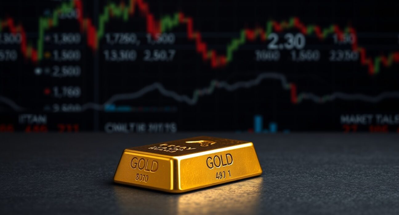 Financial chart analysis showing gold price decline driven by Federal Reserve policy and Middle East tensions.