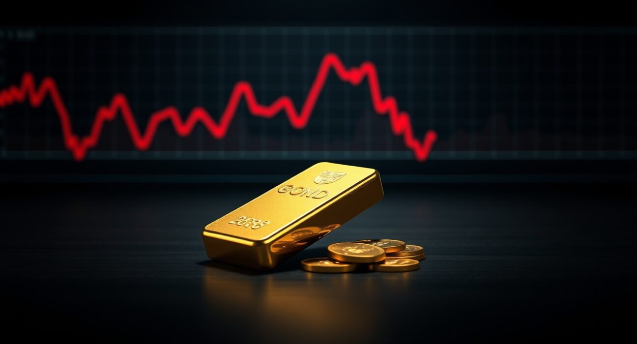 Gold bars and coins on a dark surface with a blurred red market chart in the background, symbolizing falling prices.