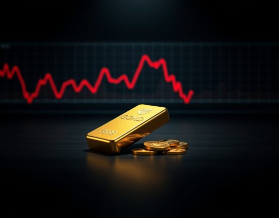 Gold bars and coins on a dark surface with a blurred red market chart in the background, symbolizing falling prices.