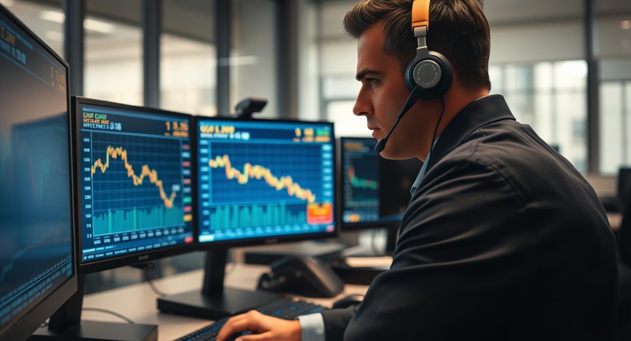 Trader analyzing gold price pressure and interest rate data on financial market monitors.