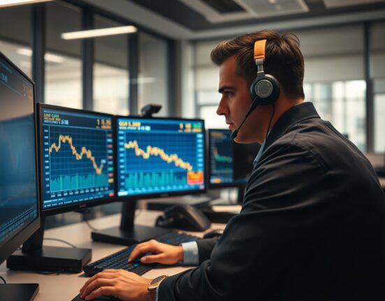 Trader analyzing gold price pressure and interest rate data on financial market monitors.