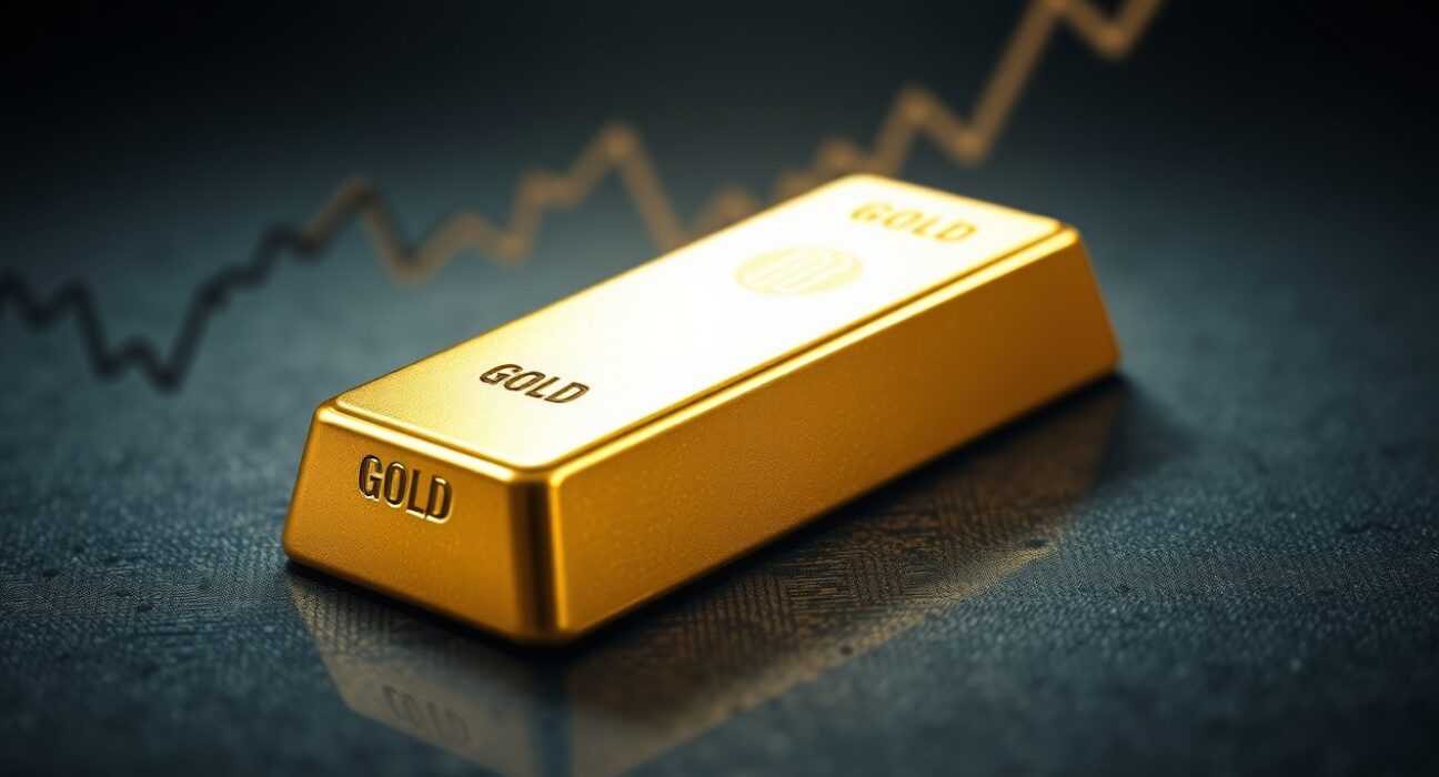 Gold bullion bar reflecting market pressure from a strong US Dollar and geopolitical tensions.