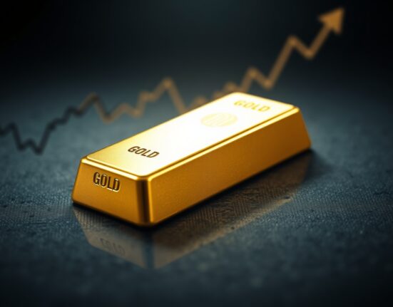 Gold bullion bar reflecting market pressure from a strong US Dollar and geopolitical tensions.