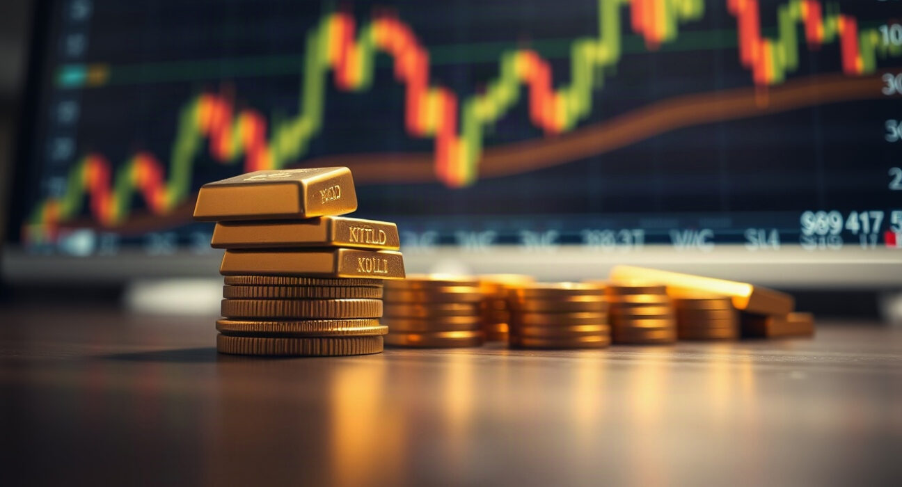 Gold bars and coins on a table with a blurred financial chart in background
