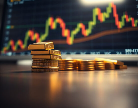 Gold bars and coins on a table with a blurred financial chart in background