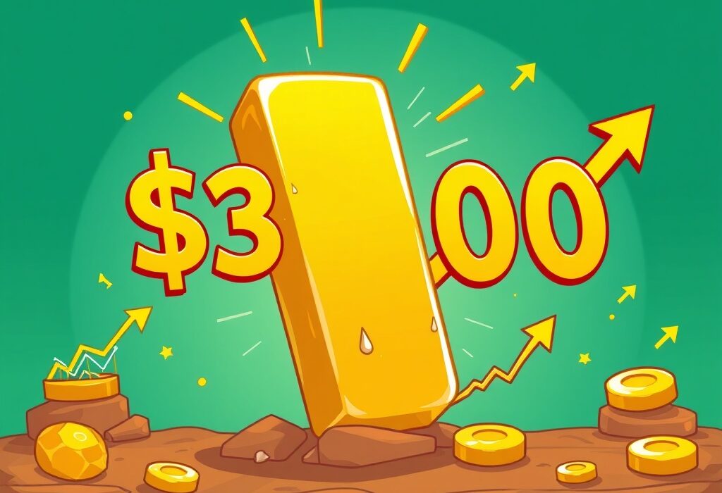 Cartoon illustration showing a significant Gold Price Rally breaking past the $3500 mark, symbolizing strong market momentum.