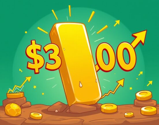 Cartoon illustration showing a significant Gold Price Rally breaking past the $3500 mark, symbolizing strong market momentum.