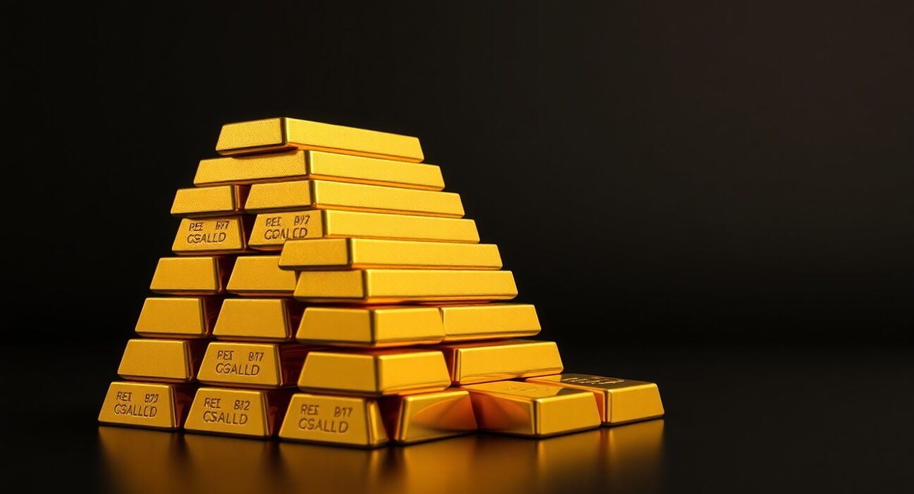 Stack of polished gold bullion bars under studio lighting representing rising gold prices.