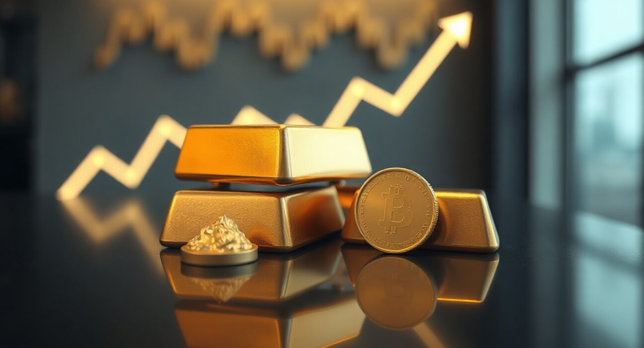 Gold bars and coins on reflective surface with subtle trend line background