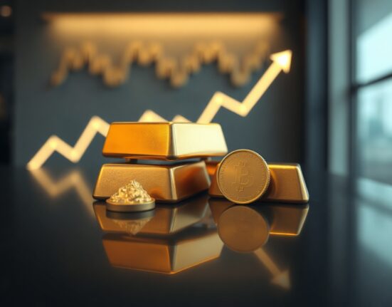 Gold bars and coins on reflective surface with subtle trend line background