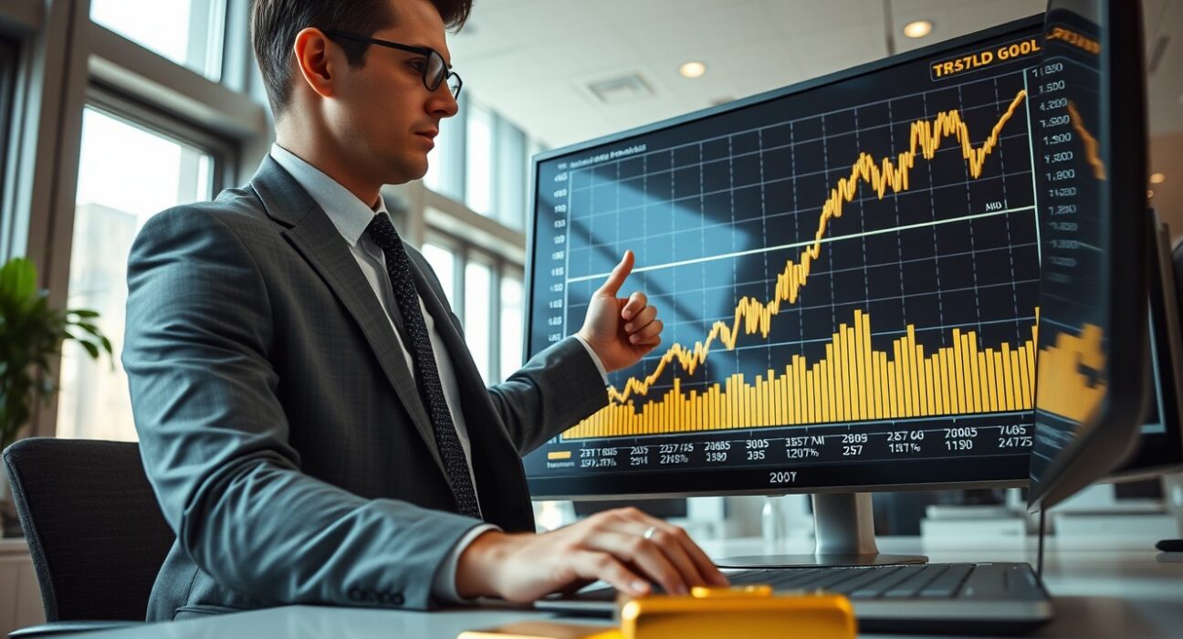 Financial analyst reviewing gold price chart showing corrective rebound