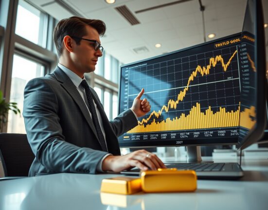 Financial analyst reviewing gold price chart showing corrective rebound