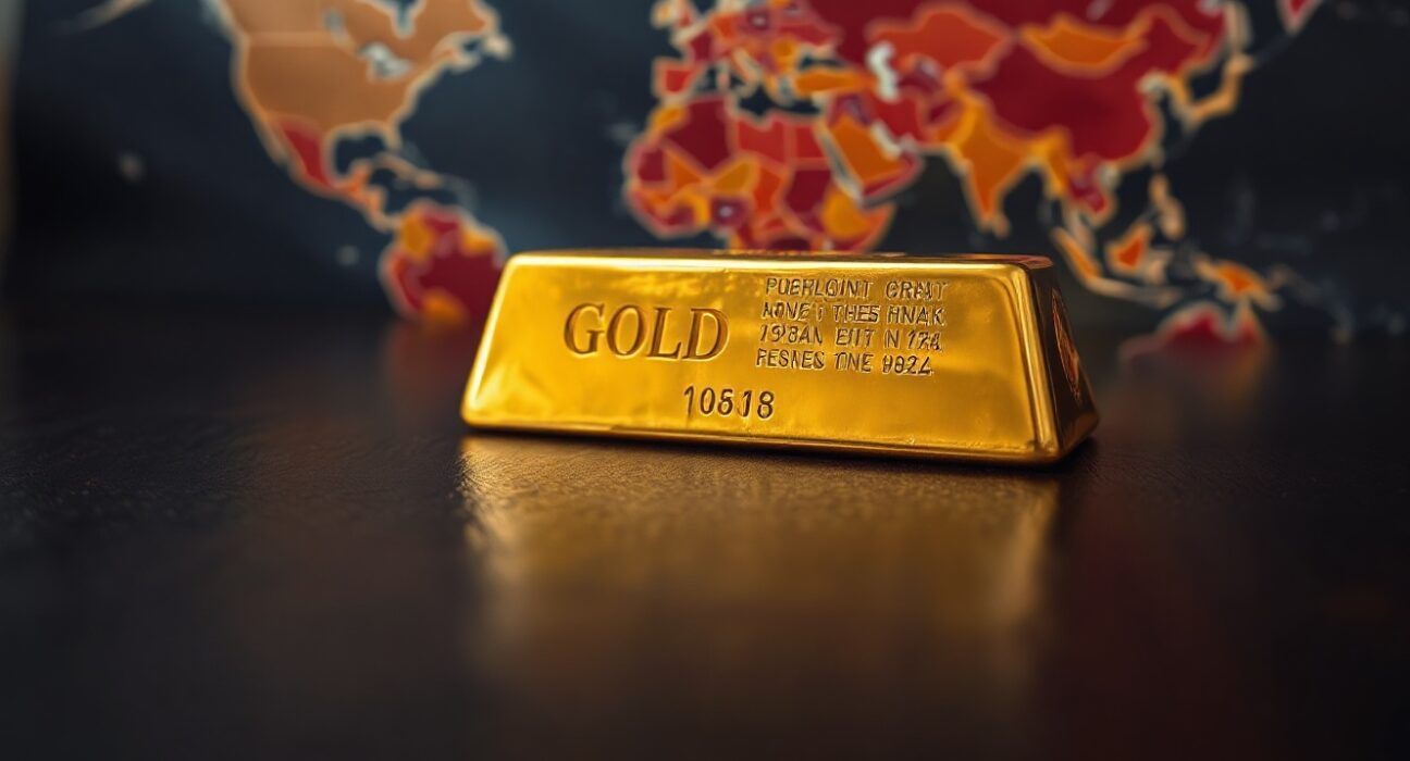 Gold bar on dark surface with blurred geopolitical map background