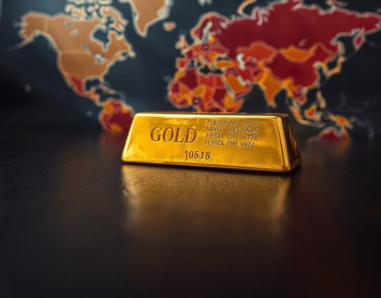 Gold bar on dark surface with blurred geopolitical map background