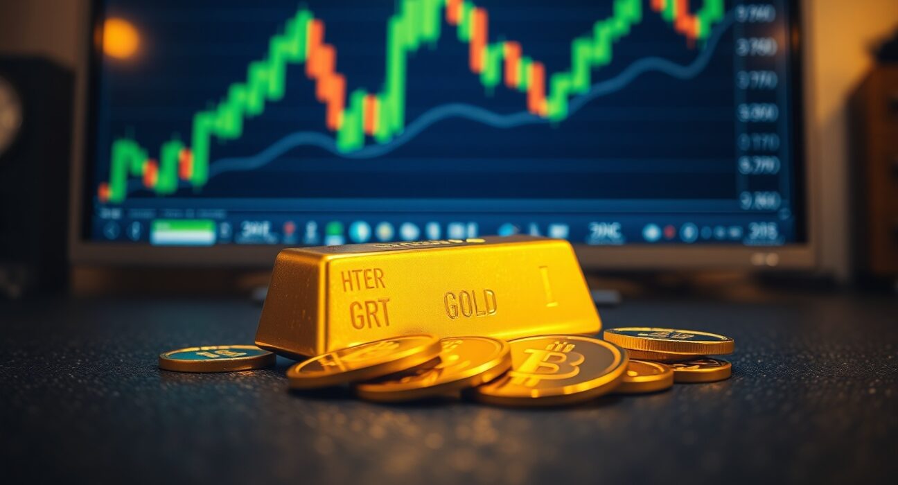 Gold bars and coins on a dark surface with a financial chart showing an upward trend in the background.