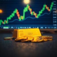 Gold bars and coins on a dark surface with a financial chart showing an upward trend in the background.