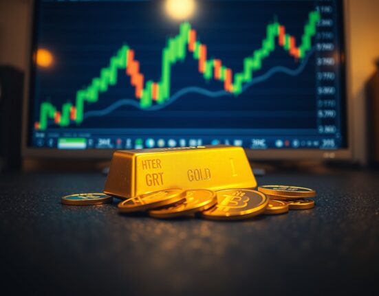 Gold bars and coins on a dark surface with a financial chart showing an upward trend in the background.