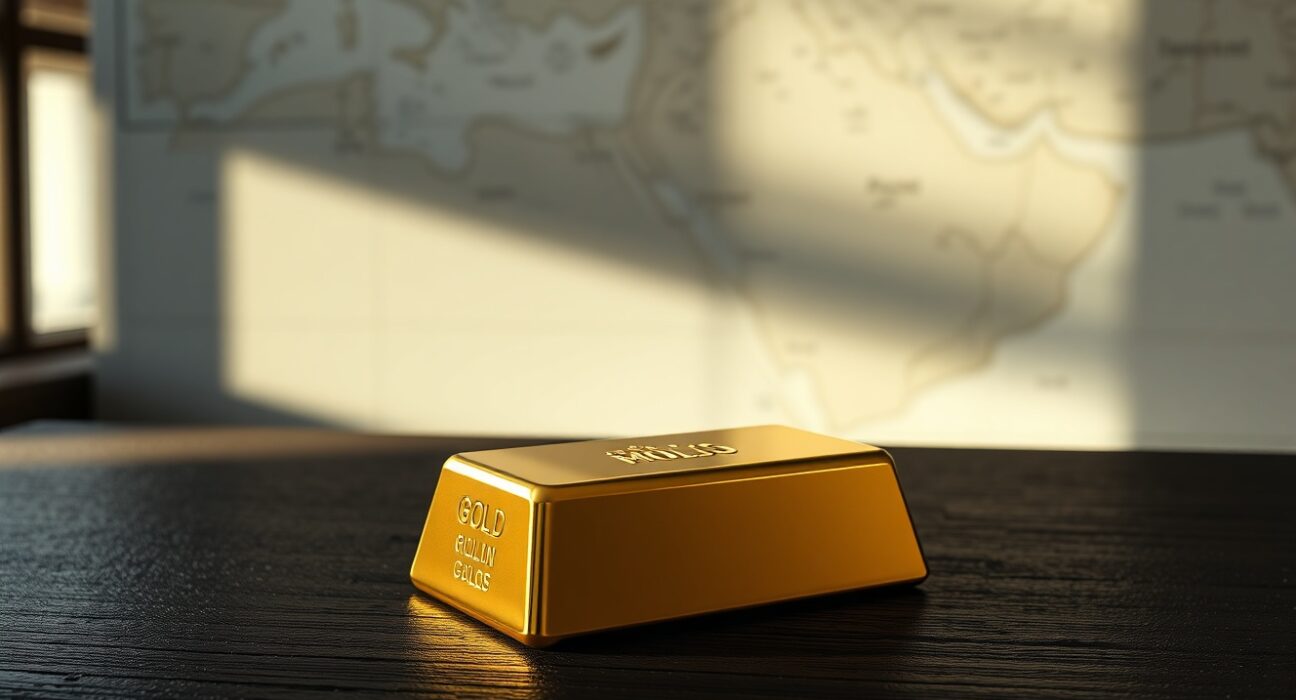 Gold bullion bar representing safe-haven demand during Middle East geopolitical tensions.