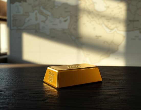 Gold bullion bar representing safe-haven demand during Middle East geopolitical tensions.