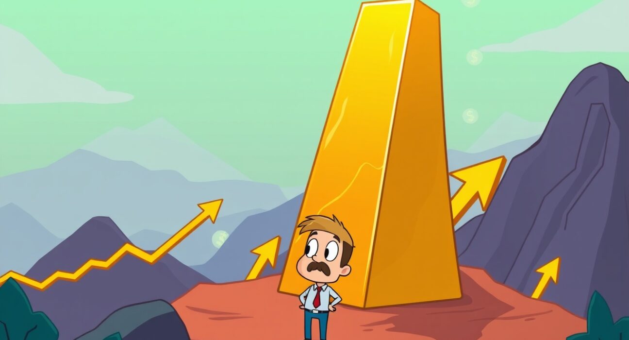 A cartoon depiction of the soaring gold price reaching an unprecedented new record high, indicating strong market performance.