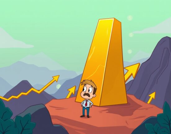 A cartoon depiction of the soaring gold price reaching an unprecedented new record high, indicating strong market performance.