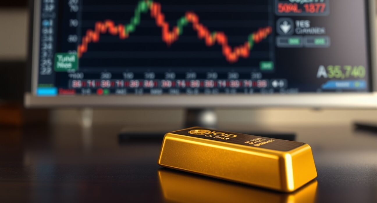Close-up of a gold bar on a dark surface with financial charts in the background