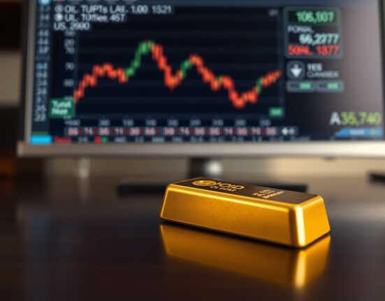 Close-up of a gold bar on a dark surface with financial charts in the background