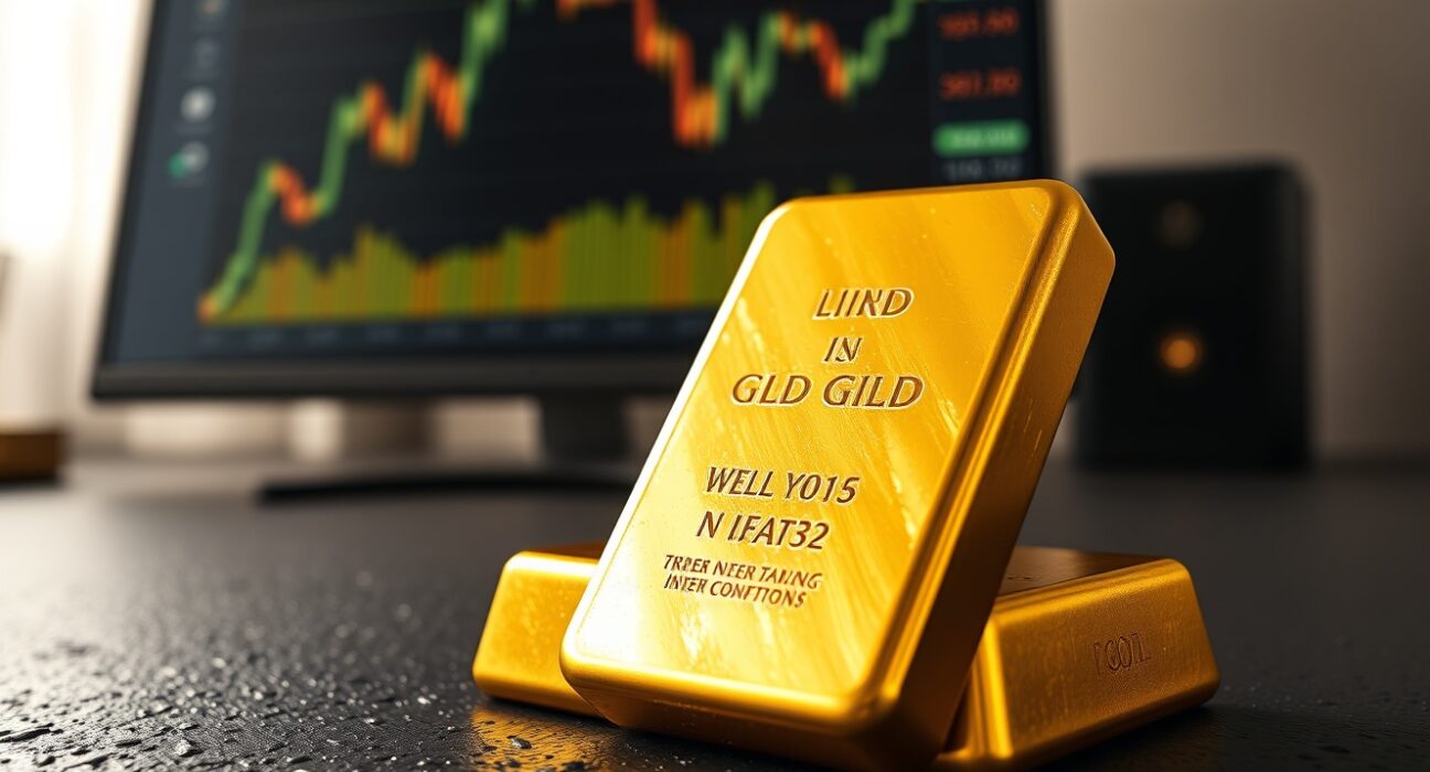Gold bullion bar with financial chart illustrating price recovery amid a strong US Dollar market