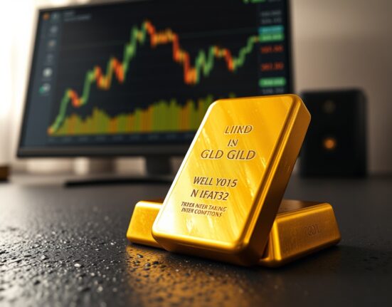 Gold bullion bar with financial chart illustrating price recovery amid a strong US Dollar market context.