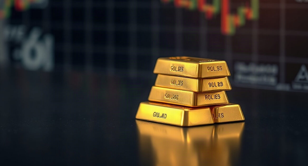 Gold bars on a reflective surface with a blurred financial chart in the background