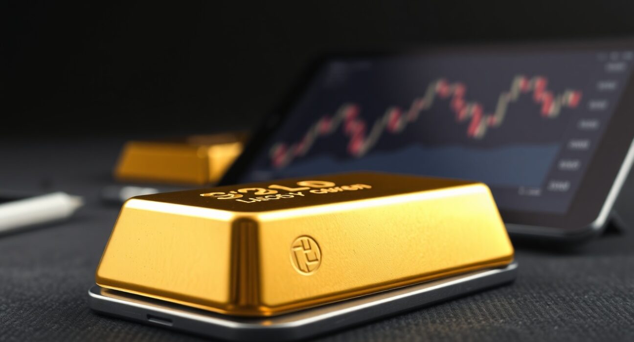 Gold bullion bar with chart showing price decline, representing the gold price drop from $4,600.