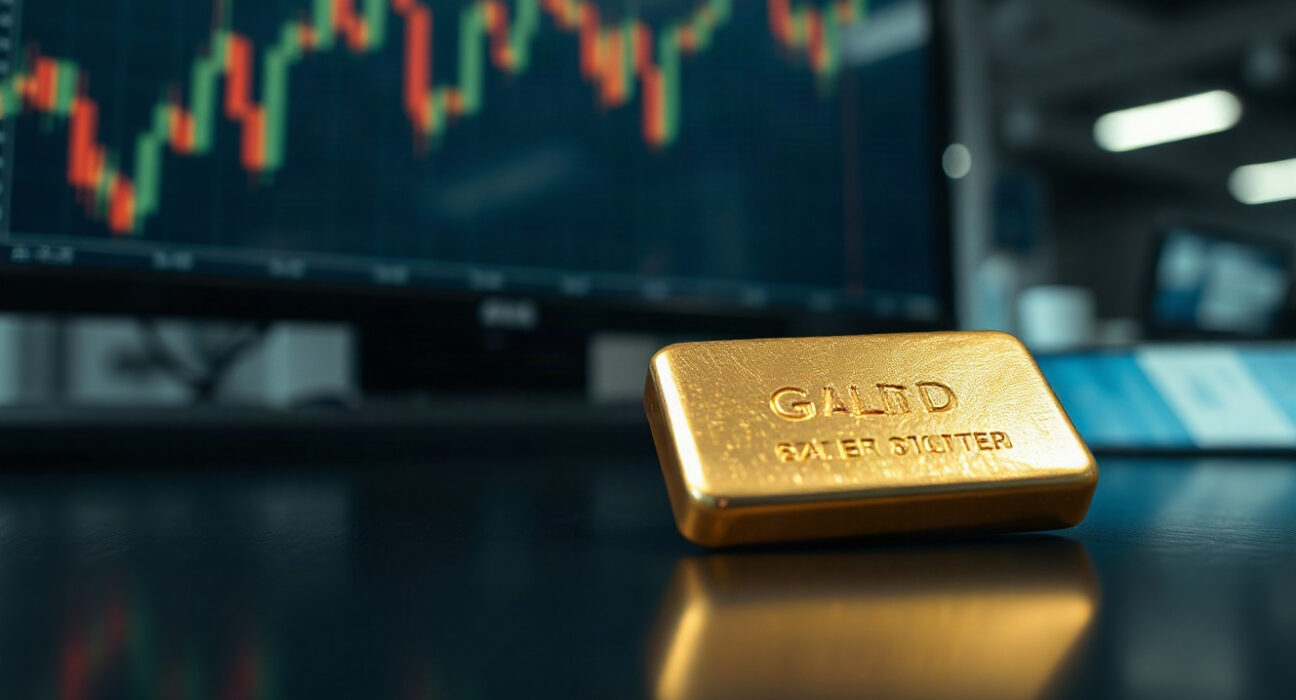 Gold bullion bars on a reflective surface with a financial chart in the background.