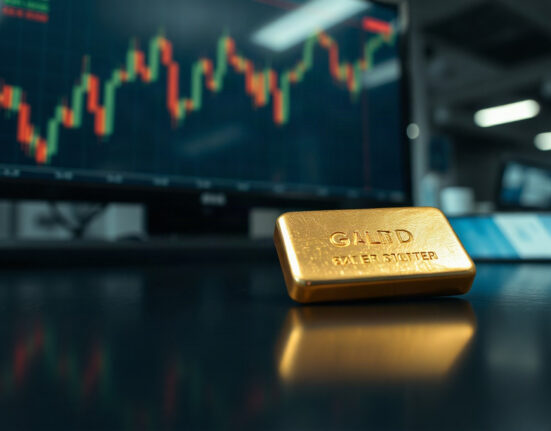 Gold bullion bars on a reflective surface with a financial chart in the background.