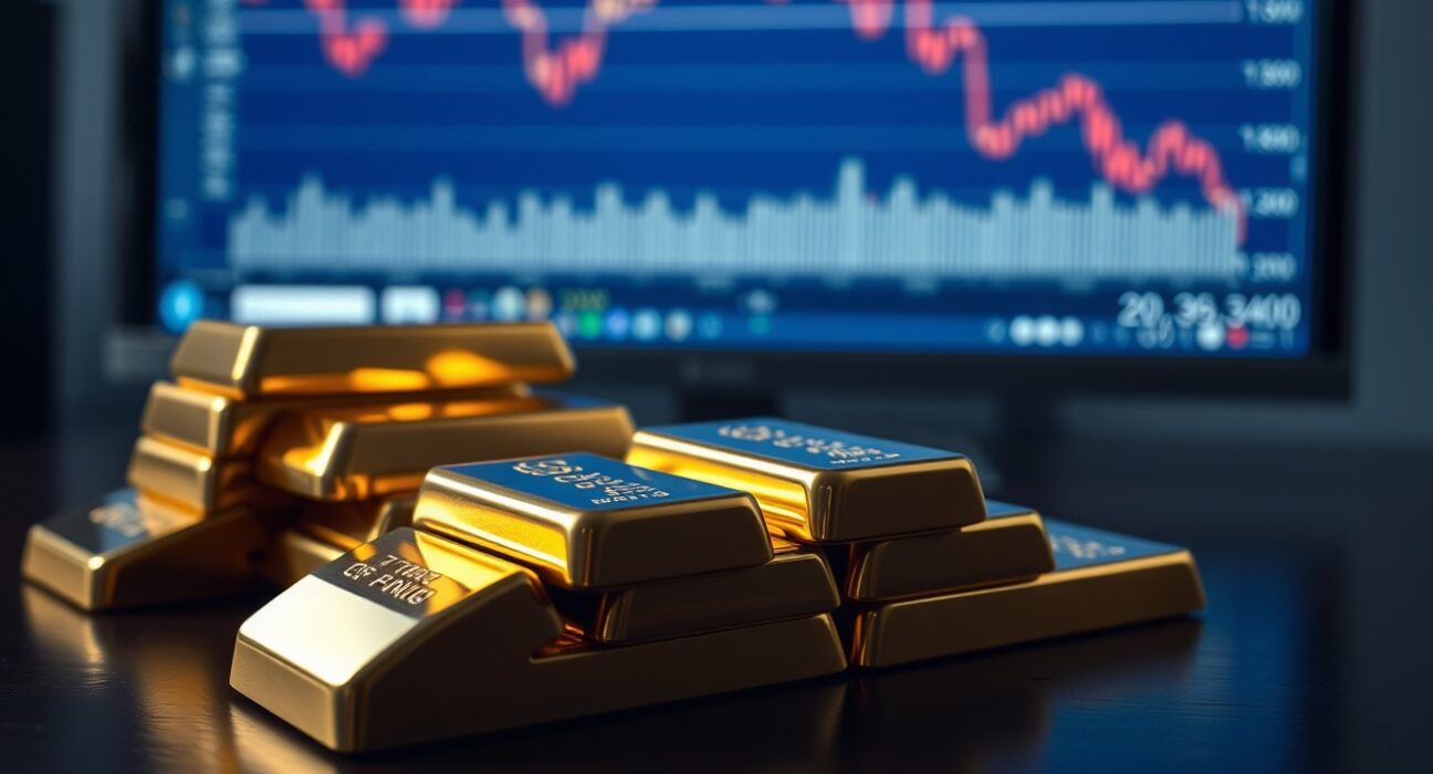 Gold bullion bars on a dark surface with a financial chart in the background showing a downward trend.