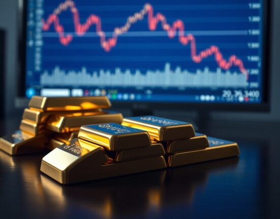 Gold bullion bars on a dark surface with a financial chart in the background showing a downward trend.
