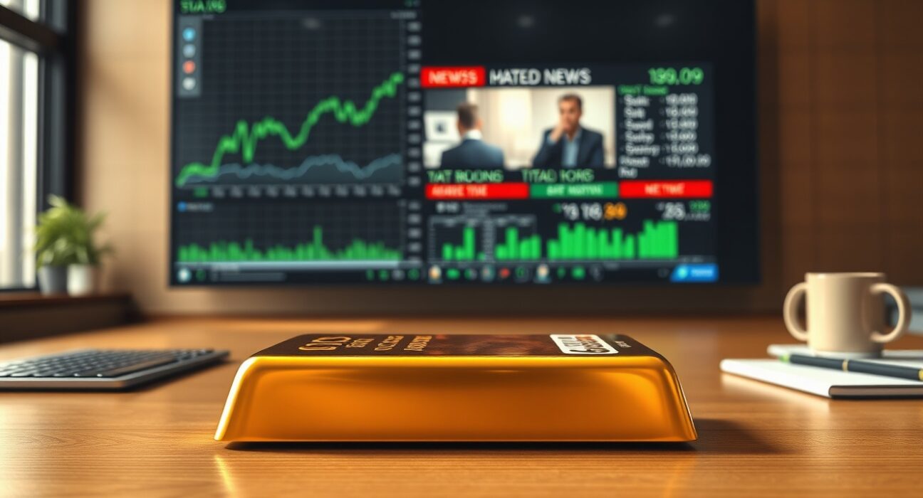 Gold bullion bar in trading room as markets react to US Dollar weakness and Trump Iran speech.