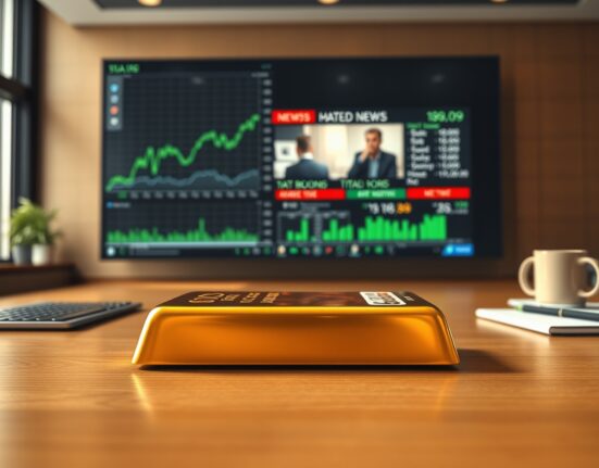 Gold bullion bar in trading room as markets react to US Dollar weakness and Trump Iran speech.