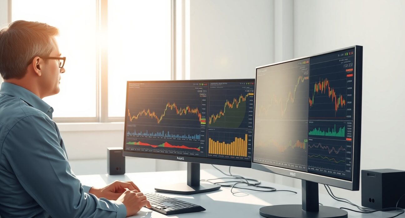 Financial analyst monitoring gold price risks and CTA fund flow data on trading desk monitors