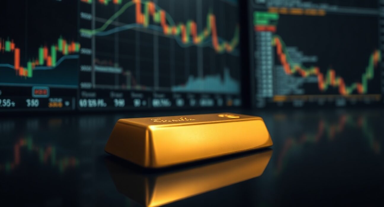 Gold bar on dark surface with financial charts in background