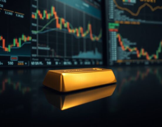 Gold bar on dark surface with financial charts in background