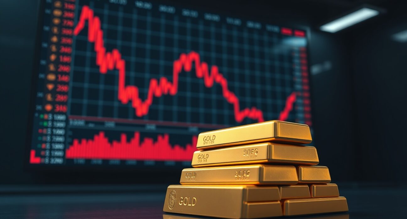 Gold bullion bars with a declining price chart in background representing falling gold prices.