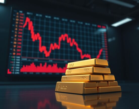 Gold bullion bars with a declining price chart in background representing falling gold prices.