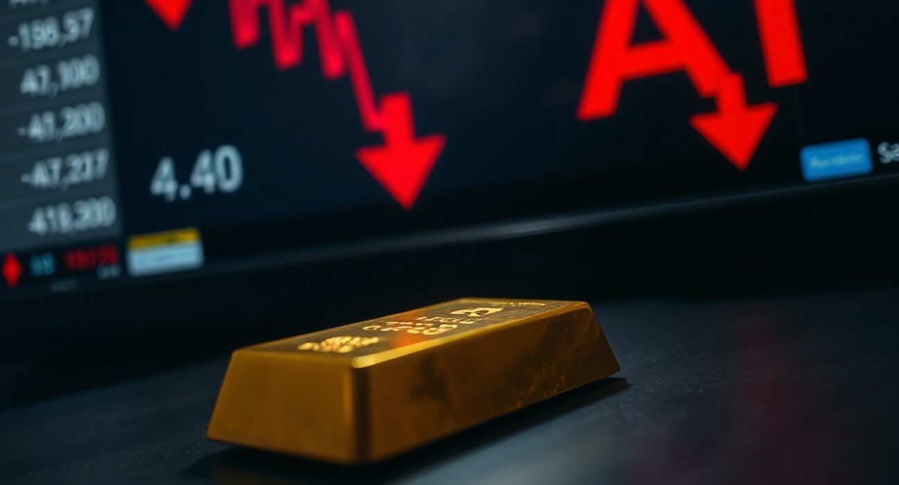 Gold bar with blurred stock market ticker showing red declines and AI-related losses