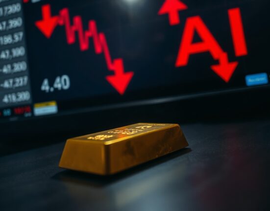Gold bar with blurred stock market ticker showing red declines and AI-related losses