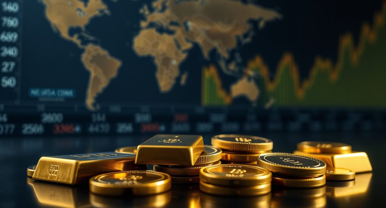 Gold bars and coins on a dark surface with a blurred financial market background