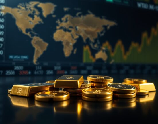 Gold bars and coins on a dark surface with a blurred financial market background