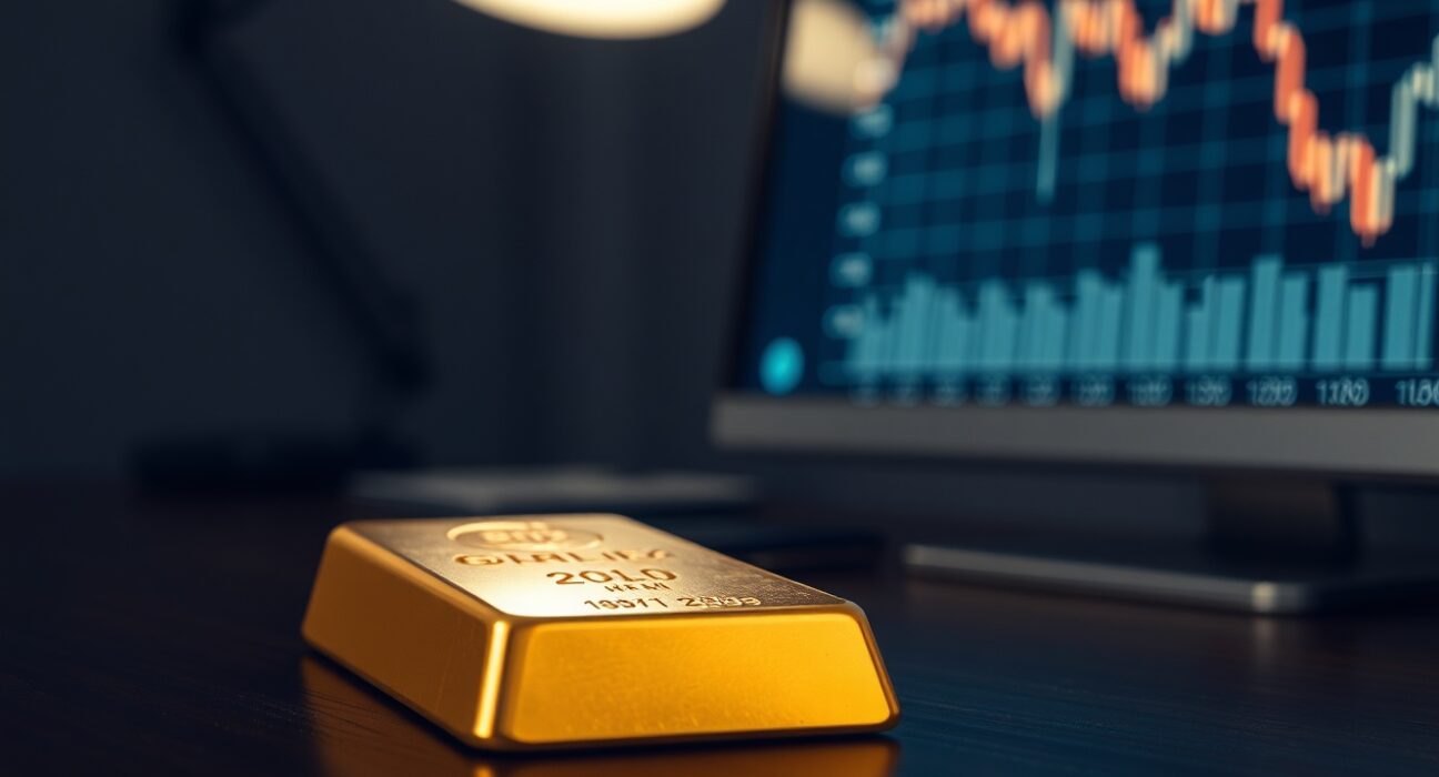 Gold bar with financial chart showing downward trend in background