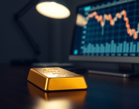 Gold bar with financial chart showing downward trend in background