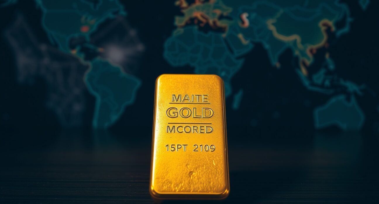 Gold bar on dark surface representing market uncertainty amid geopolitical tensions and economic data.